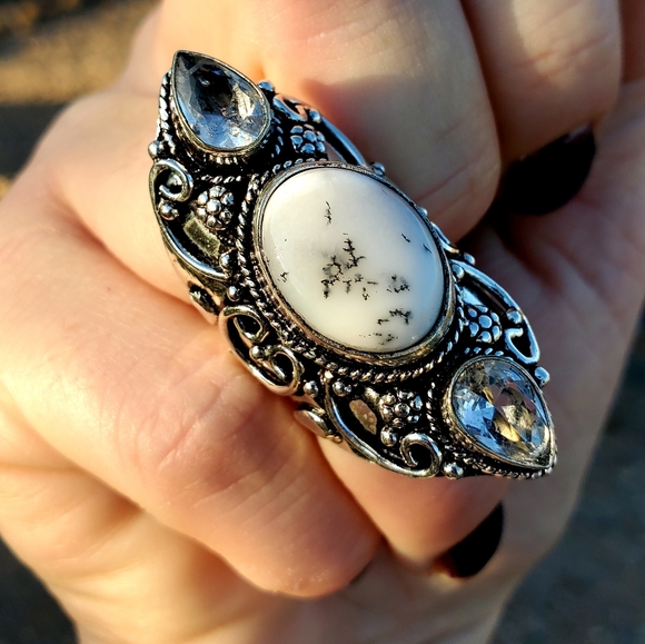 New Dendritic Opal & White Topaz 925 Silver Statement Ring. - Picture 9 of 14